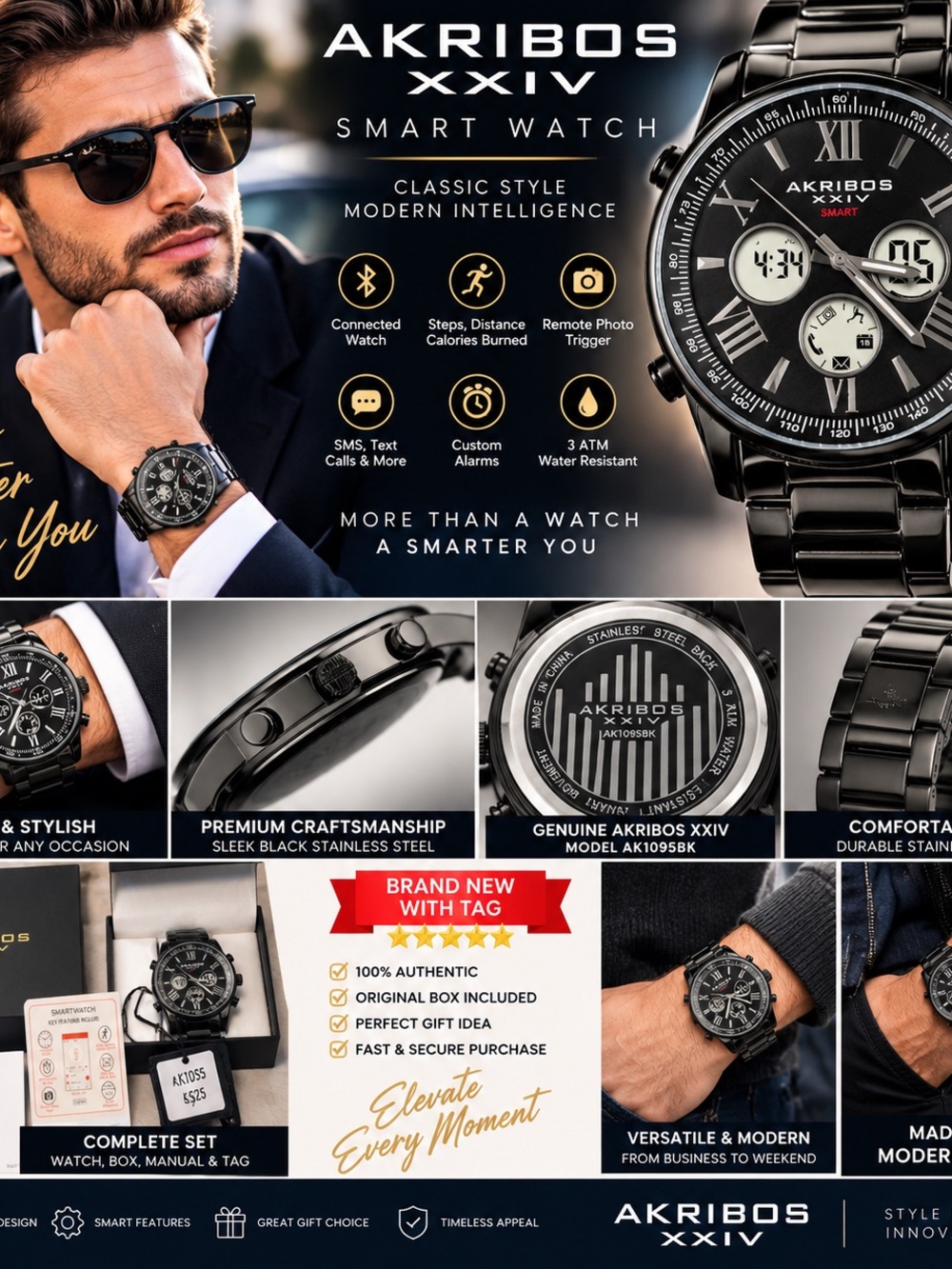 Akribos XXIV Black Stainless Steel Men’s Smart Chronograph Watch